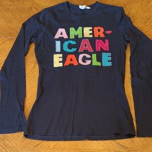 Y2K American Eagle Multicolor Patchwork Lettering Long Sleeve Navy Shirt